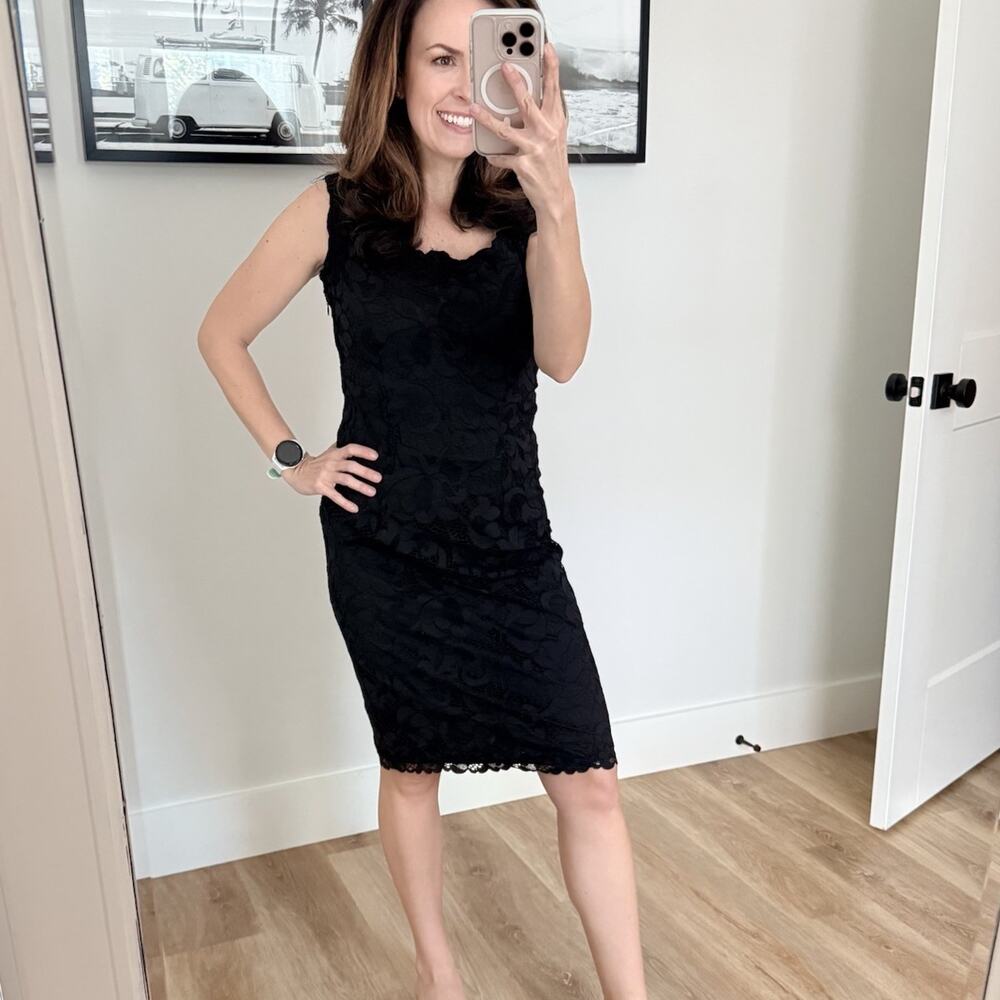 Josie Natori Black Lace Sheath Dress Womens 10 Sleeveless Stretch Bodycon LBD - Picture 3 of 14